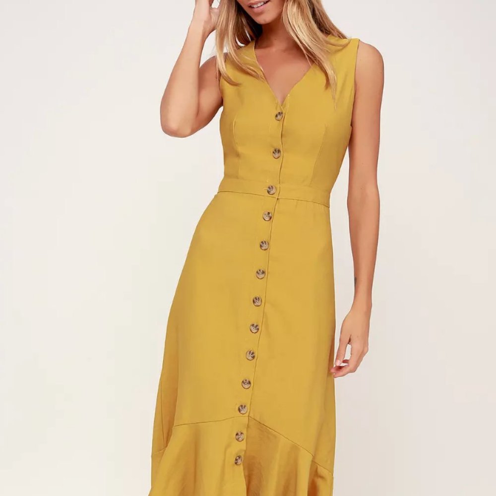 Lulu's Mustard Yellow Button Midi Dress